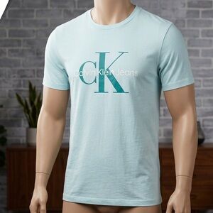 Calvin Klein Jeans Men's Blue Water Drop CK Logo Short Sleeve Tee